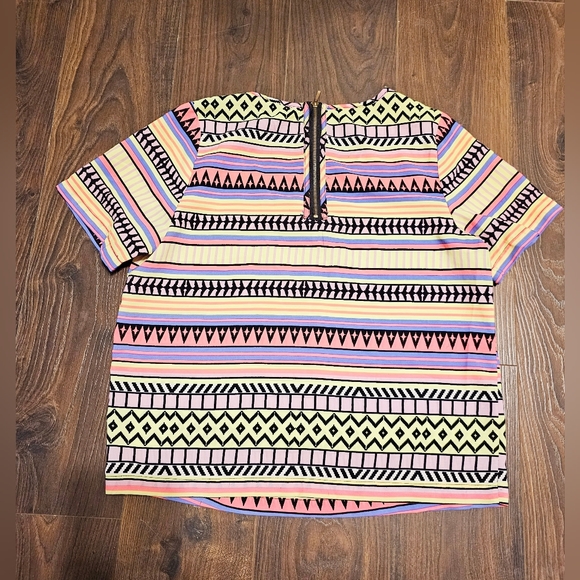 Neon color hot pink fushia lime green multicolored crazy fun pattern blouse - Picture 2 of 8